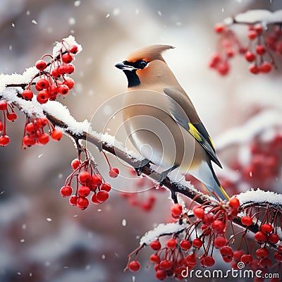 Bright bird Waxwing on a Rowan branch Winter Made With Generative AI illustration Cartoon Illustration