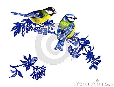 Bright birds on branches with flowers ink hand drawn illustration. Vector Illustration