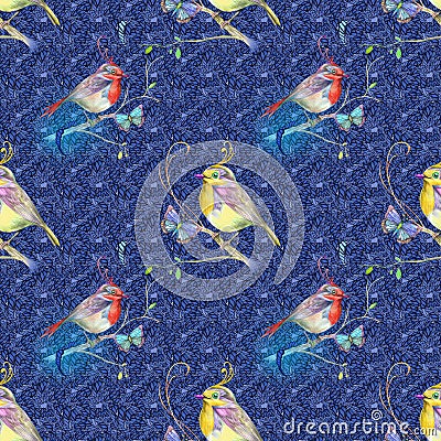 Bright birds with butterfly on deep background Stock Photo