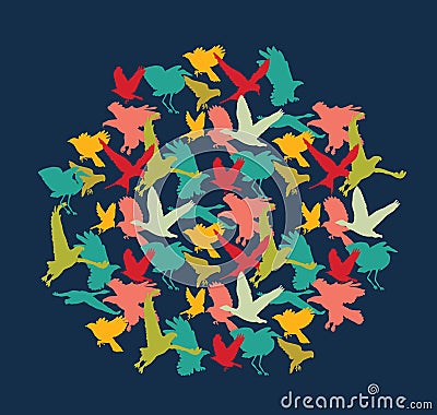 Bright birds color silhouettes round in squear on dark blue Vector Illustration