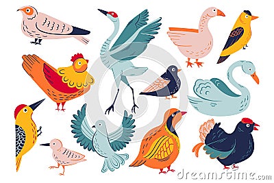 Bright birds vector set. 12 christmas birds illustrations. Big set of cute birds Vector Illustration