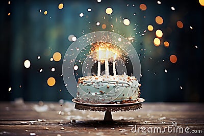 Bright birthday cake with sparkling candles and colorful confetti for a festive dessert. Copy space Stock Photo