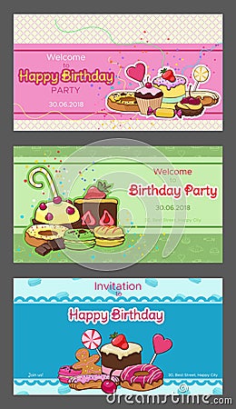 Bright Birthday Party Horizontal Invitation Postcards Vector Illustration