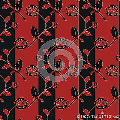 Bright black and red floral seamless pattern with tulips Vector Illustration