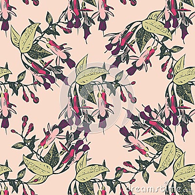 Bright blossom drawing botanical fuchsia pattern, floral wallpaper. Cute flowers seamless background. Vector illustration graphic Vector Illustration