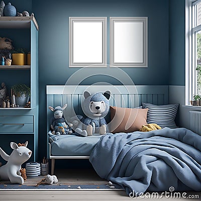 Bright, Blue Background Wall Modern Children's Bedroom Concept Design for Interior Designers and Architects Stock Photo