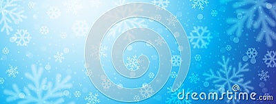Bright blue christmas banner with blurred snowflakes. Merry Christmas and Happy New Year greeting banner. Horizontal new year Vector Illustration