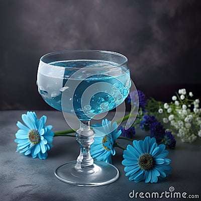 Bright blue cocktail in a nick and crystal glass garnished with a flower Cartoon Illustration