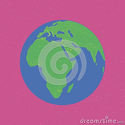 Bright blue and green planet glowing continents Eurasia africa light illumination earth in bright pink space print fashion fun chi Vector Illustration