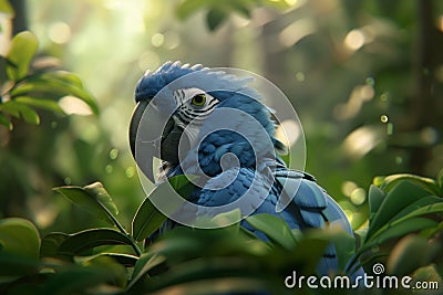 Bright Blue Hyacinth Macaw Parrot in Jungle Stock Photo