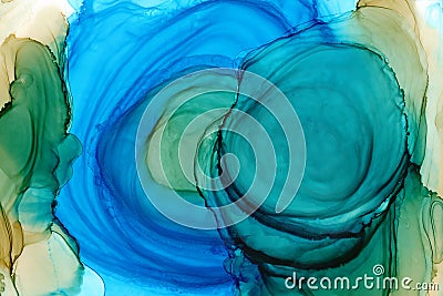 Bright blue and ocher colorful watercolor background. Hand drawn sky blue and green brush strokes, blobs, waves, layers gradient. Stock Photo