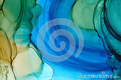 Bright blue and ocher colorful watercolor background. Hand drawn sky blue and green brush strokes, blobs, waves, layers gradient. Stock Photo
