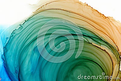 Bright blue, ocher and green watercolor texture background. Hand drawn orange smears, splashes abstract background, alcohol ink. Cartoon Illustration