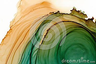 Bright blue, ocher and green watercolor texture background. Hand drawn orange smears, splashes abstract background, alcohol ink. Cartoon Illustration