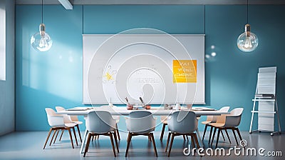 Bright blue office space featuring a large whiteboard and multiple chairs and tables, AI-generated. Stock Photo
