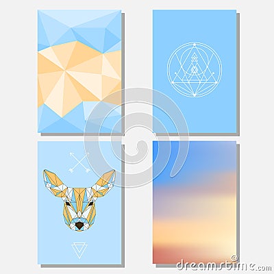 Bright blue sky and beige colored set with geometric deer and polygonal background for use in design for card, poster, banner Vector Illustration