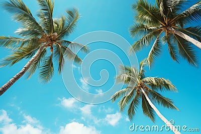 Bright blue sky view of tall palm trees backlit by tropical sun from below Stock Photo