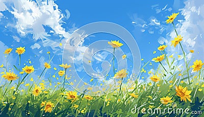 Bright blue sky, yellow daisies, nature tranquil meadow generated Stock Photo