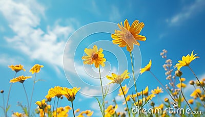 Bright blue sky, yellow daisies, nature tranquil meadow generated Stock Photo