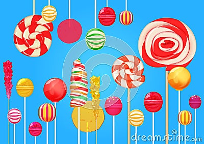 Bright blue sugar background with bright colorful lollipops candy sweets. Candy shop. Sweet color lollipop Vector Illustration