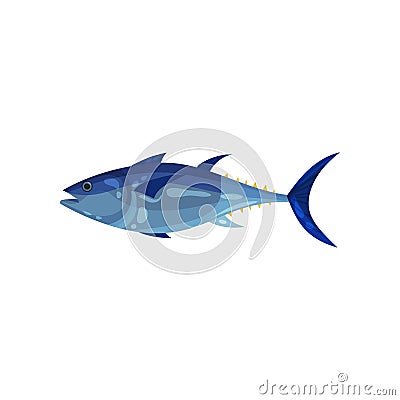 Bright blue tuna, side view. Predatory fish. Sea animal. Marine creature. Seafood theme. Detailed flat vector icon Vector Illustration