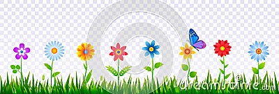 Bright border of green grass with spring flowers. Template for decorating Easter cards, posters, banners. Realistic vector Cartoon Illustration