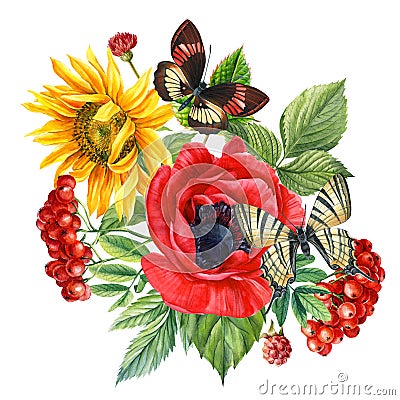 Bright bouquet with Rowan, butterfly, leaves and flowers, watercolor botanical illustration Cartoon Illustration