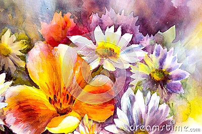 Bright bouquet of spring flowers oil painting. Stock Photo