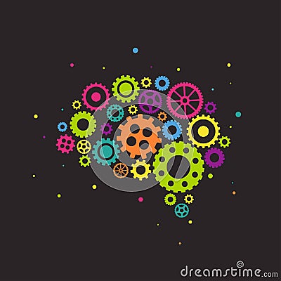 Bright brain made of colorful gears and wheels icon isolated on black background. Combination of pinions. Vector Illustration