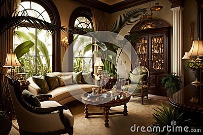 Bright and Breezy Tropical Living Room Stock Photo