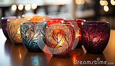 Bright candle illuminates ornate table with multi colored drink glasses generated by AI Stock Photo