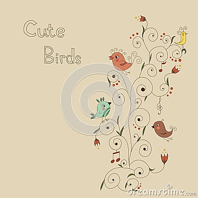 Bright card with cute birds and beautiful ornament Vector Illustration