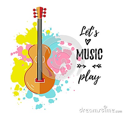 Bright card with guit and Let`s music play text Cartoon Illustration