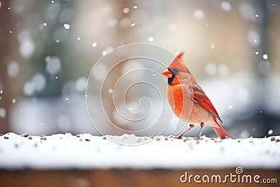 bright cardinal against a soft-focus snowfall background Stock Photo