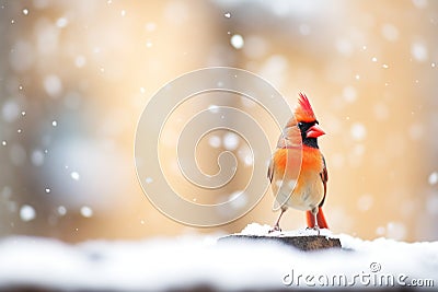 bright cardinal against a soft-focus snowfall background Stock Photo