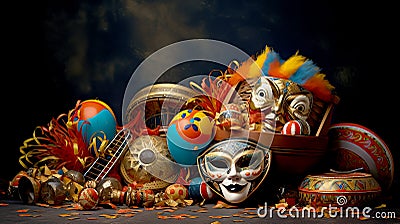 Bright carnival masks. Concept of acting and entertaiment. Ai art. Stock Photo