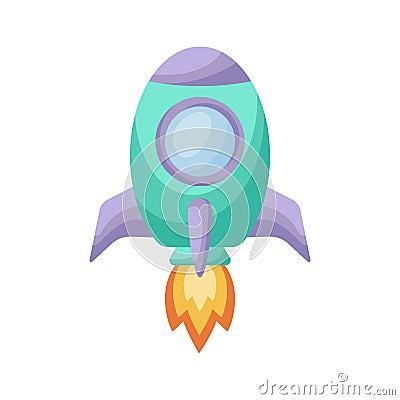 Bright cartoon green-purple rocket with fire trace launched into space for design of album, scrapbook, card and invitation Vector Illustration