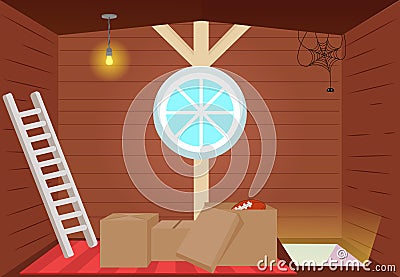 Bright cartoon interior attic. Vector Illustration