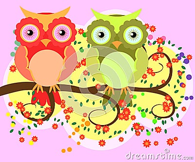 Bright, cartoonish, flirtatious, loving owls on the flowering branches of a tree. Spring, summer, girlfriend Vector Illustration