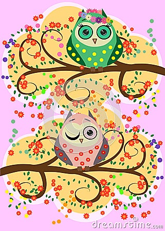 Bright, cartoonish, flirtatious, loving owls on the flowering branches of a tree. Spring, summer, girlfriend Vector Illustration