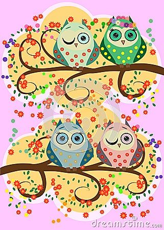 Bright, cartoonish, flirtatious, loving owls on the flowering branches of a tree. Spring, summer, girlfriend Vector Illustration