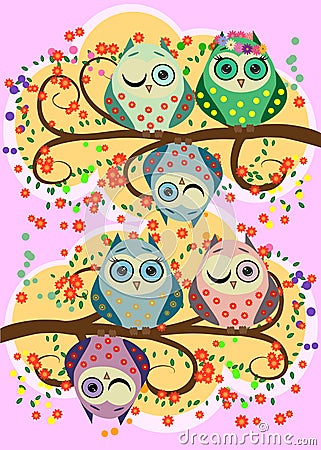 Bright, cartoonish, flirtatious, loving owls on the flowering branches of a tree. Spring, summer, girlfriend Vector Illustration