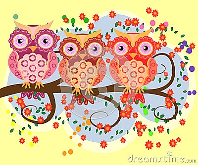 Bright, cartoonish, flirtatious, loving owls on the flowering branches of a tree. summer, girlfriends Vector Illustration