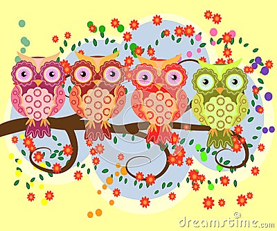 Bright, cartoonish, flirtatious, loving owls on the flowering branches of a tree. summer, girlfriends Vector Illustration