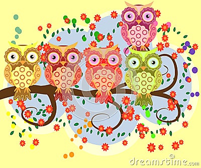 Bright, cartoonish, flirtatious, loving owls on the flowering branches of a tree. summer, girlfriends Vector Illustration
