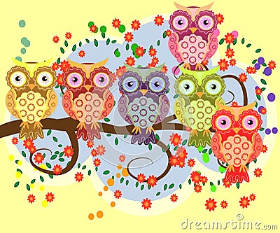 Bright, cartoonish, flirtatious, loving owls on the flowering branches of a tree. summer, girlfriends Vector Illustration