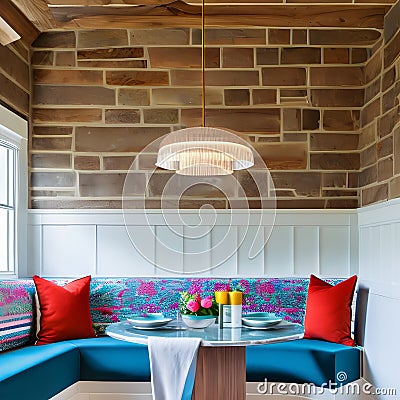 4 A bright and cheerful breakfast nook with a colorful banquette, a round table, and lots of natural light1, Generative AI Stock Photo