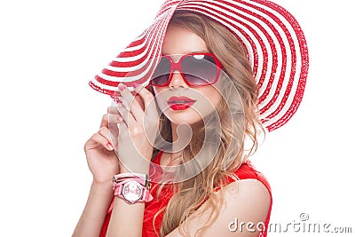 Bright cheerful girl in summer hat, colorful make-up, curls and pink manicure. Beauty face. Stock Photo