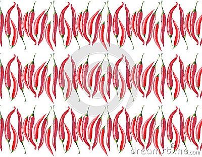 Bright chili red peppers pattern watercolor hand sketch Stock Photo