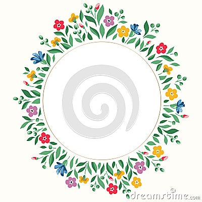 Bright Chintz Romantic Meadow Wildflowers Vector Round Frame Vector Illustration
